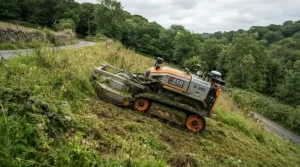Specialised robotic lawn mowers safely navigating a steep sloped garden in a countryside home