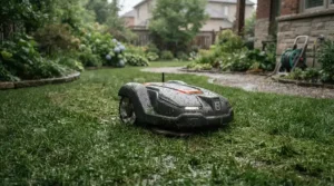 Weather-resistant robotic lawn mowers quietly working through a light drizzle in a British backyard