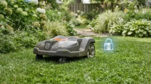 Advanced robotic lawn mowers featuring built-in theft protection and alarm systems on a suburban lawn
