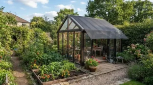 An allotment setup featuring shade netting for greenhouse cultivation in a British community garden