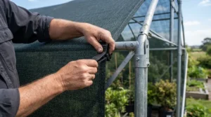 Attaching clips and fixings to secure shade netting for greenhouse frames securely