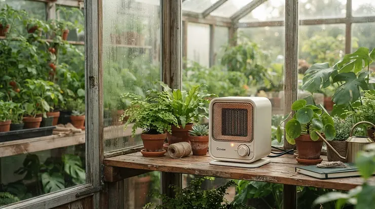 Compact electric greenhouse heater positioned safely on wooden staging in a British allotment glasshouse, small greenhouse heater for allotment