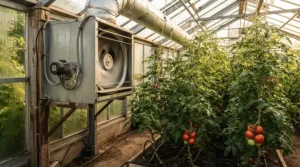 A temperature-regulated solar powered greenhouse fan circulating air during warm weather