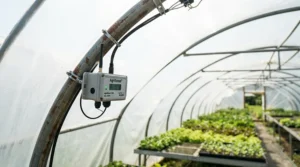 A solar powered greenhouse fan mounted inside a polytunnel on a sunny allotment plot