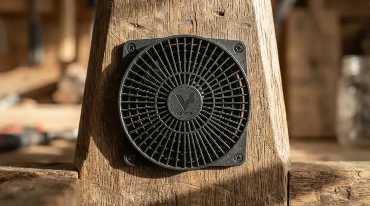 A close-up view of a high-efficiency solar powered greenhouse fan blade spinning