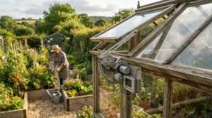 A solar powered greenhouse fan operating off-grid on a remote UK allotment site