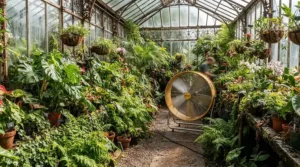 A solar powered greenhouse fan providing essential air circulation during a hot summer day