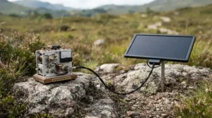 A solar powered greenhouse fan connected to a small photovoltaic energy unit
