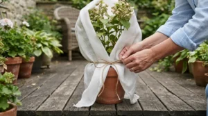 Gardener carefully securing a frost protection cover for plants around delicate tropical potted flowers