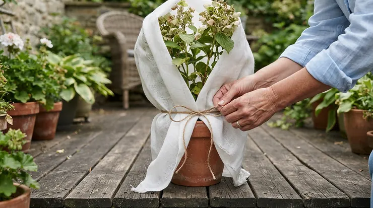 Gardener carefully securing a frost protection cover for plants around delicate tropical potted flowers