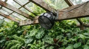 A top-rated greenhouse fan circulating air amongst tomato plants in a London back garden polytunnel