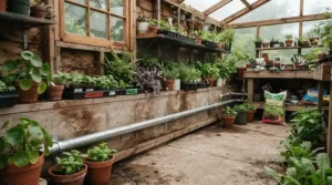Slimline tubular heater mounted low down to protect overwintering plants on an allotment