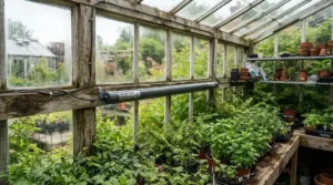 Wall mounted electric greenhouse heater for winter installed securely in a backyard glasshouse