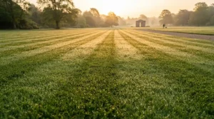 Gleaming cylinder mower stripes catching the morning dew in an Edinburgh park