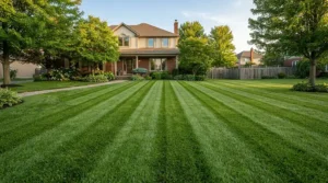 Crisp cylinder mower stripes on a manicured British suburban lawn