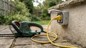 Using mains-powered electric lawn mowers near the patio of a typical British semi-detached house