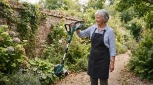 A pensioner easily lifting lightweight electric lawn mowers over a garden step