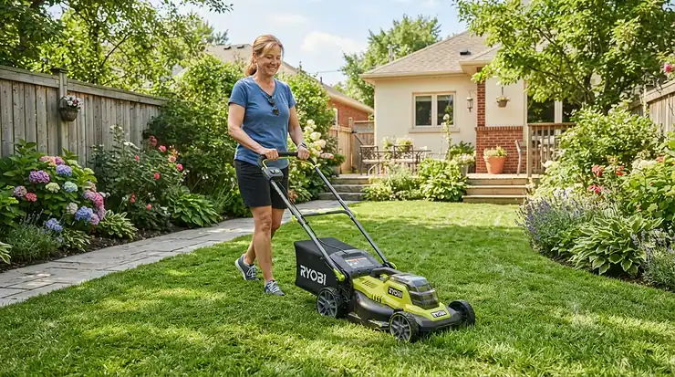 A homeowner using one of the best electric lawn mowers on a compact suburban lawn in London