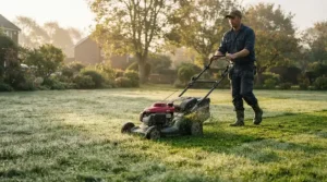 Spring garden maintenance using reliable electric lawn mowers on damp morning grass
