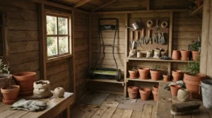 Storing compact electric lawn mowers neatly in a wooden garden shed during autumn
