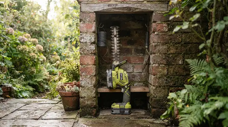 A miniature lawn mower for small gardens stored neatly in a utility corner of a small courtyard