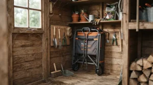 A compact lawn mower for small gardens neatly folded and stored in a garden shed next to a watering can