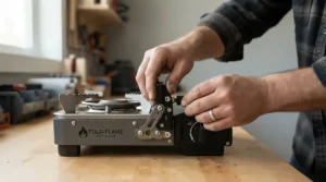 Demonstrating the folding handle feature of a lawn mower for small gardens for easy cupboard storage