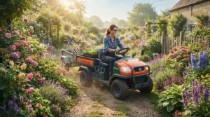 Using a lightweight lawn mower for small gardens to cut grass along a narrow patio border