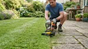 Trimming grass right up to the patio paving stones with a precision lawn mower for small gardens