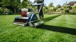 Demonstrating the correct lawn striping technique using a rear roller cylinder mower