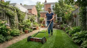 Creating classic cylinder mower stripes with a hand pushed reel mower in a London garden