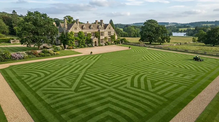 Advanced ornamental lawn care showcasing alternating cylinder mower stripes