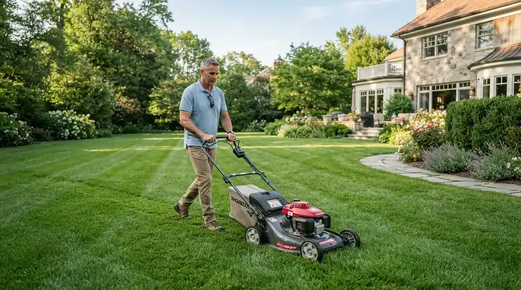 A homeowner using one of the best petrol lawn mowers to tackle an extensive back garden in the UK