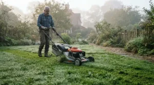 Powerful petrol lawn mowers cutting damp British grass without clogging the collection box