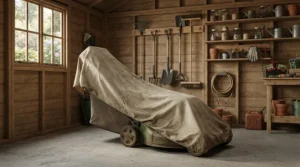 Preparing petrol lawn mowers for winter storage in a dry garden shed or garage