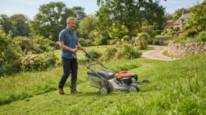 Demonstrating how self-propelled petrol lawn mowers make cutting sloping British lawns effortless