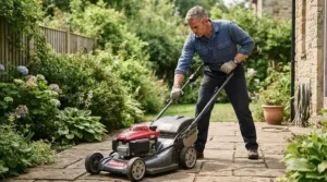 Pulling the recoil cord to start modern petrol lawn mowers in a typical British garden